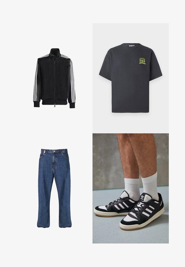 Črna mrežasta jakna z zadrgo spredaj, s trdnimi črnimi rokavi in tremi belimi črtami vzdolž rokavov. Rebrasti robovi in spodnji del.; Črno-siva Adidas majica s kratkimi rokavi in majhnim neon zelenim grafičnim motivom z zvočniki, soncem in Adidasovim logotipom na levi strani prsnega koša.; Jeans iz džinsa v temno modri barvi, s straight-leg dizajnom, klasičnim pet-pocket stilom in vidnim šivom vzdolž šivov.; Črno-bele superge z zgornjim delom iz usnja in nubuka, ki imajo tri bele črte, perforiran vrh prstov in podplat iz gume.