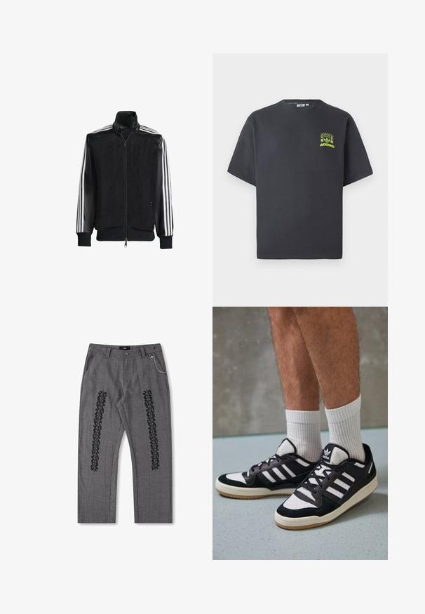 Must mustriga jope, millel on lukuga eesosa, ning mustad varrukad ja kolm valget triipu varrukate ääres. Ribaelastne mansett ja allääre.; Söe phühaline Adidas T-särk, lühikeste varrukatega, tumesüsinest värvi, vasakul rinnal on väike helesinine graafiline kujutis kõlaritest, päikesest ja Adidas'i logost.; Hall jõhvikasooke musta tekstiga detailidega külgedel, millel on ahela aksessuaar vööl. Sirge jala disain, tekstureeritud kangas.; Mustvalged ja valged spordijalatsid, mille pealmine osa on valmistatud suede'ist ja nahast. Kingadel on kolm valget riba, auguline varvas ja kummist tald.