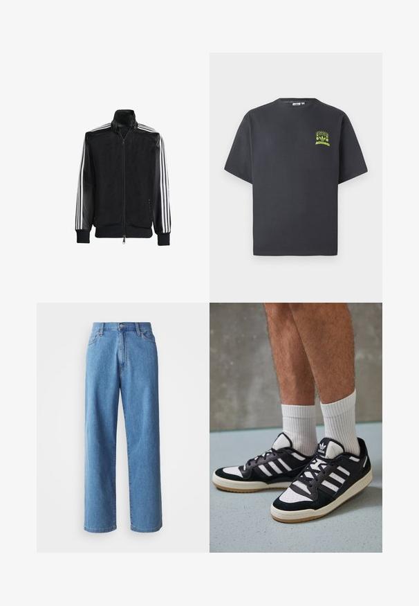 Černá síťovaná bunda na zip, s celými černými rukávy a třemi bílými pruhy podél rukávů. Hladké manžety a lem.; Tmavě šedé tričko Adidas s krátkým rukávem a malou neonově zelenou grafikou reproduktorů, slunce a loga Adidas na levé straně hrudníku.; Světle modré denimové široké džíny s vysokým pasem, pěti kapsami a zapínáním na knoflík. Hladká textura s minimálním vyblednutím.; Černobílé tenisky s vrchní částí z semišové a kožené kůže, včetně tří bílých pruhů, perforovaného špičky a podrážky z gumy.