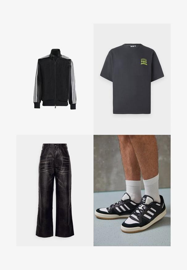 Μαύρο τζάκετ από δίχτυ με φερμουάρ μπροστά, με συμπαγή μαύρα μανίκια και τρεις λευκές ρίγες κατά μήκος των χεριών. Ριμπέ μανσέτες και στρίφωμα.; Γκρίζο ανθρακί T-shirt Adidas με κοντά μανίκια και ένα μικρό νεοναπράσινο γραφικό με ηχεία, ήλιο και το λογότυπο της Adidas στο αριστερό στήθος.; Μαύρο δερμάτινο παντελόνι σε φαρδιά γραμμή με λεία υφή, μπροστινές τσέπες, βρόχους για ζώνη και διακριτά κάθετα σχέδια στην ύφανση.; Μαύρα και λευκά αθλητικά παπούτσια με άνω μέρος από σουέτ και δέρμα, featuring τρεις λευκές ρίγες, περατά δάχτυλα και σόλα από καουτσούκ τύπου γκαστ.
