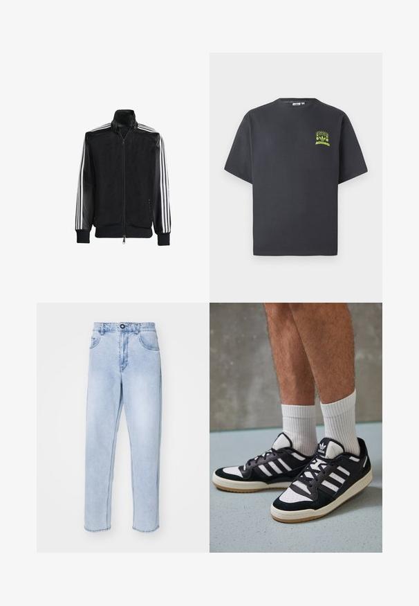Crna mrežasta jakna s patentnim zatvaračem sprijeda, koja ima čvrste crne rukave i tri bijele pruge duž ruku. Riblje manžetne i rub.; Majica Adidas u boji ugljena s kratkim rukavima i malim grafikom u neon zelenoj boji koja prikazuje zvučnike, sunce i Adidas logotip na lijevoj strani prsnog koša.; Svijetloplave traperice ravnog kroja, s kopčanjem na dugme, bočnim džepovima i čistim rubom bez ukrasa.; Crne i bijele tenisice s gornjim dijelom od antilopa i kože, s tri bijele pruge, perforiranim prstom i gumiranim potplatom.