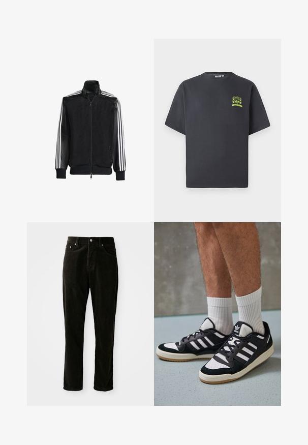 Svart mesh-jakke med glidelås foran, med solide svarte ermer og tre hvite striper langs armene. Ribbestrikkede mansjetter og nederkant.; Kullgrå Adidas t-skjorte med korte ermer og en liten neongrønn grafikk av høyttalere, sol og Adidas-logo på venstre bryst.; Svarte corduroy-bukser med rett ben-design, teksturert stoff og fem-lommestil med metallhardware.; Sorte og hvite sneakers med overdel i semsket skinn og lær, med tre hvite striper, perforert tå og en såle av gummi.