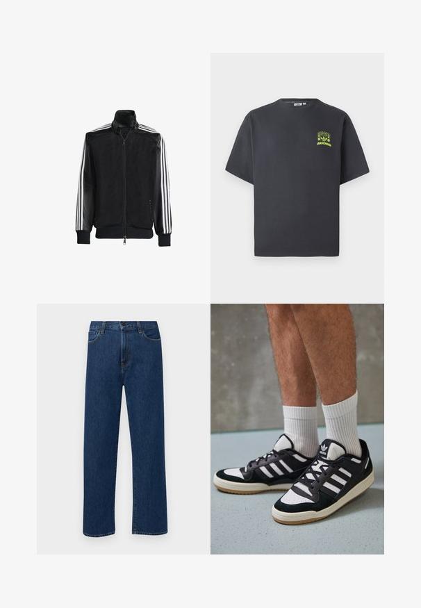 Melna režģa jakas ar rāvējslēdzēja priekšpusi, kam ir viendabīgas melnas piedurknes un trīs baltas svītras gar rokām. Ribota aproce un apakša.; Tumši pelēkā krāsā Adidas T-kreklā ar īsām piedurknēm un mazu neona zaļa grafiku ar skaļruņiem, sauli un Adidas logo kreisajā krūtī.; Tumši zilas taisnas kājas denim bikses ar priekšējām kabatām un pogu aizdari, izvietotas uz vienkārša baltā fona.; Melnas un baltas kedas ar zamša un ādas augšdaļu, kas aprīkotas ar trim baltām svītrām, perforētu purngali un gumijas zolēm.