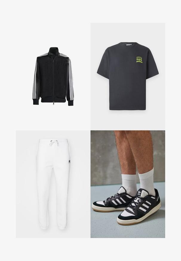 Svart mesh-jakke med glidelås foran, med solide svarte ermer og tre hvite striper langs armene. Ribbestrikkede mansjetter og nederkant.; Kullgrå Adidas t-skjorte med korte ermer og en liten neongrønn grafikk av høyttalere, sol og Adidas-logo på venstre bryst.; Hvite joggebukser laget av bomullsblanding, med elastisk linning og snor, sidelommer og ribbede mansjetter med logoakzent.; Sorte og hvite sneakers med overdel i semsket skinn og lær, med tre hvite striper, perforert tå og en såle av gummi.