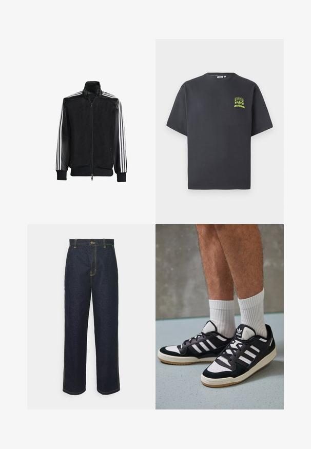Μαύρο τζάκετ από δίχτυ με φερμουάρ μπροστά, με συμπαγή μαύρα μανίκια και τρεις λευκές ρίγες κατά μήκος των χεριών. Ριμπέ μανσέτες και στρίφωμα.; Γκρίζο ανθρακί T-shirt Adidas με κοντά μανίκια και ένα μικρό νεοναπράσινο γραφικό με ηχεία, ήλιο και το λογότυπο της Adidas στο αριστερό στήθος.; Φαρδιά τζιν παντελόνια σε σκούρο χρώμα με κίτρινη ραφή, διαθέτουν μπροστινό κλείσιμο με κουμπί και πλαϊνές τσέπες. Λείος υφή και παραδοσιακό σχέδιο.; Μαύρα και λευκά αθλητικά παπούτσια με άνω μέρος από σουέτ και δέρμα, featuring τρεις λευκές ρίγες, περατά δάχτυλα και σόλα από καουτσούκ τύπου γκαστ.