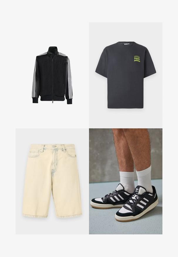 Melna režģa jakas ar rāvējslēdzēja priekšpusi, kam ir viendabīgas melnas piedurknes un trīs baltas svītras gar rokām. Ribota aproce un apakša.; Tumši pelēkā krāsā Adidas T-kreklā ar īsām piedurknēm un mazu neona zaļa grafiku ar skaļruņiem, sauli un Adidas logo kreisajā krūtī.; Bežīgas džinsu šorti ar taisnu griezumu, piecām kabatām un jostu cilpiņām. Iezīmējas ar nedaudz izbalējušu izskatu un diega akcentiem.; Melnas un baltas kedas ar zamša un ādas augšdaļu, kas aprīkotas ar trim baltām svītrām, perforētu purngali un gumijas zolēm.