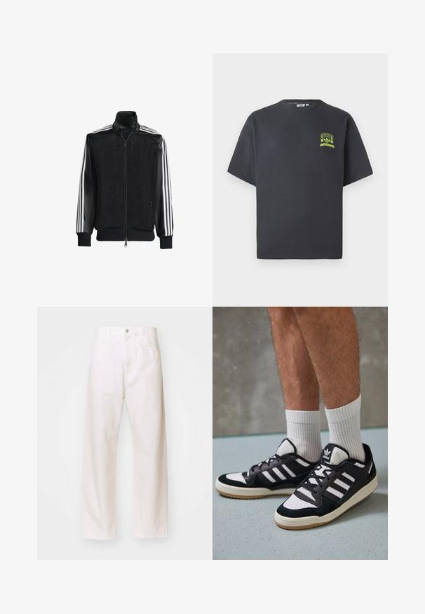 Zwarte maillotjas met een rits aan de voorkant, met stevige zwarte mouwen en drie witte strepen langs de armen. Geribbelde manchetten en zoom.; Koolgrijze Adidas T-shirt met korte mouwen en een kleine neon groene graphic van luidsprekers, zon en het Adidas-logo op de linkerkant van de borst.; Witte katoenen broek met wijde pijpen en een knoopsluiting, voorzien van riemlussen en twee voorkeussen. Soepele textuur, klassiek ontwerp en rechte pasvorm.; Zwart-witte sneakers met een bovenwerk van suede en leer, voorzien van drie witte strepen, een geperforeerde neus en een rubberen gumzool.