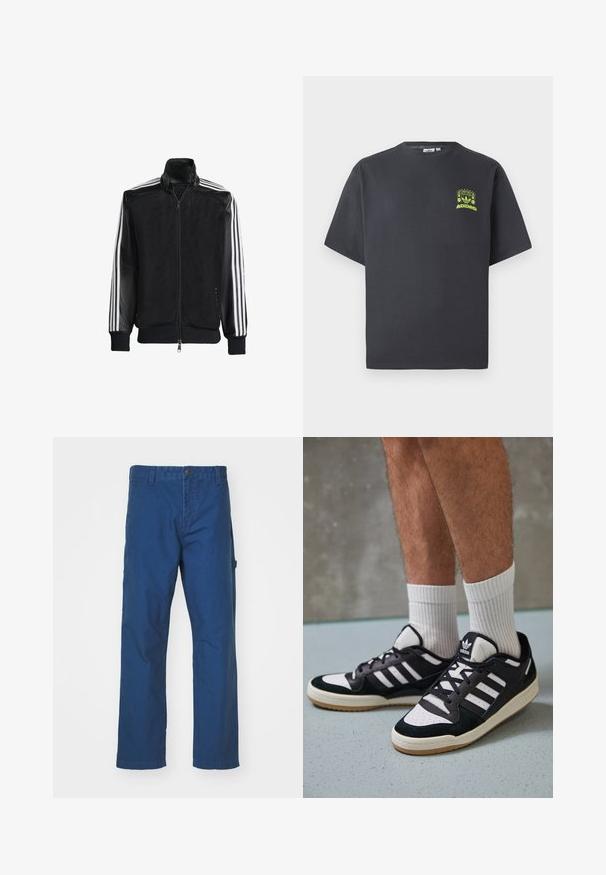 Chaqueta de malla negra con cierre de cremallera en la parte delantera, que presenta mangas negras sólidas y tres rayas blancas a lo largo de los brazos. Puños y dobladillo acanalados.; Camiseta de Adidas en gris carbón con mangas cortas y un pequeño gráfico en neón verde de altavoces, sol y el logo de Adidas en el lado izquierdo del pecho.; Pantalones de algodón twill azul con un diseño de pierna recta, que cuentan con un cierre de botón y un bolsillo lateral. Textura suave, sin patrones o acentos visibles.; Zapatillas en blanco y negro con parte superior de ante y cuero, que presentan tres franjas blancas, una puntera perforada y una suela de goma.