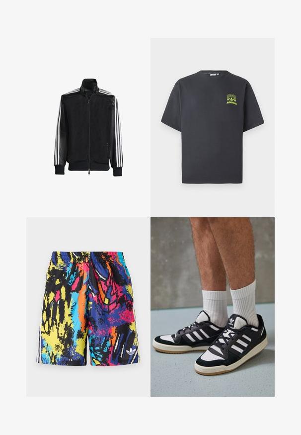 Musta verkkomantteli, jossa on vetoketjulla suljettava etuosa, mustat hihat ja kolme valkoista raitaa käsivarsilla. Ribbaatut hihansuut ja helma.; T-paita hiiligraniteväriä, jossa on lyhyet hihat ja pieni neonvihreä kuva kaiuttimista, auringosta ja Adidas-logosta vasemmalla rinnassa.; Moniväriset uima-asu shortsit, joissa on abstrakti kuosi mustalla, sinisellä, keltaisella, vaaleanpunaisella ja oranssilla. Joustava vyötärönauha, jossa on sivuraidat.; Valkoiset ja mustat tennarit, joissa on mokkanahka- ja nahkapäällinen, kolme valkoista raitaa, rei'itetty kärki ja kumipohja.