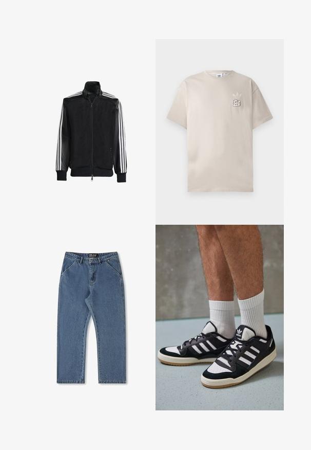 Svart mesh-jakke med glidelås foran, med solide svarte ermer og tre hvite striper langs armene. Ribbestrikkede mansjetter og nederkant.; Beige bomulls t-skjorte med rund hals, korte ermer og en subtil grafisk logo på venstre bryst. Myk tekstur, enkelt design.; Blå denimjeans med rett ben design, midjehøyde og klassisk fem-lomme styling. Har subtil fading og sydd detaljer.; Sorte og hvite sneakers med overdel i semsket skinn og lær, med tre hvite striper, perforert tå og en såle av gummi.