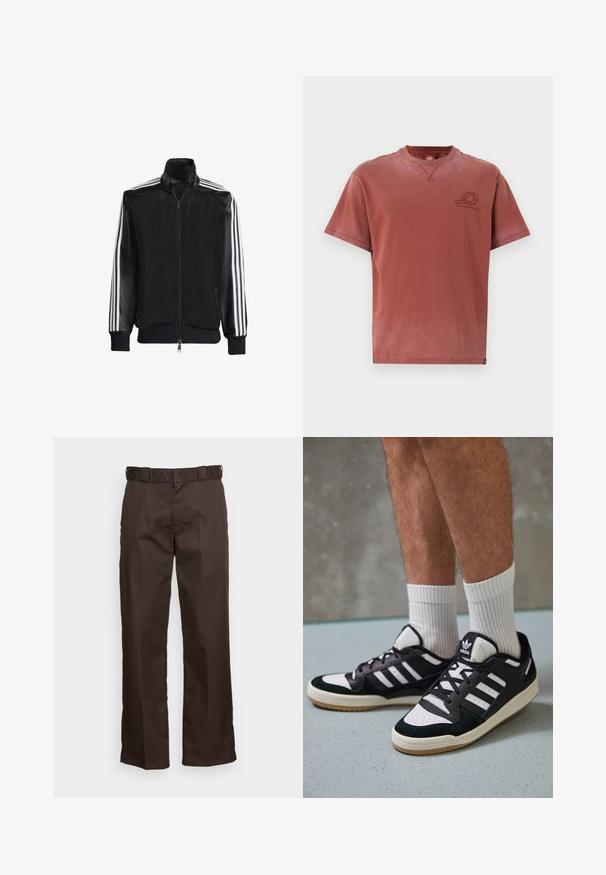 Must mustriga jope, millel on lukuga eesosa, ning mustad varrukad ja kolm valget triipu varrukate ääres. Ribaelastne mansett ja allääre.; Lühikeste varrukatega ümmarguse kaelusega T-särk tuhmides roostevärvitoonides, valmistatud pehmest puuvillast, millel on rinnaesine peen logo trükk ja nähtavad õmblused.; Pruunid püksid sirge lõikega, millel on lapikud esipooled, vöökohaga silmused ja sile tekstuur. Lihtne disain ilma mustrite või aktsentideta.; Mustvalged ja valged spordijalatsid, mille pealmine osa on valmistatud suede'ist ja nahast. Kingadel on kolm valget riba, auguline varvas ja kummist tald.