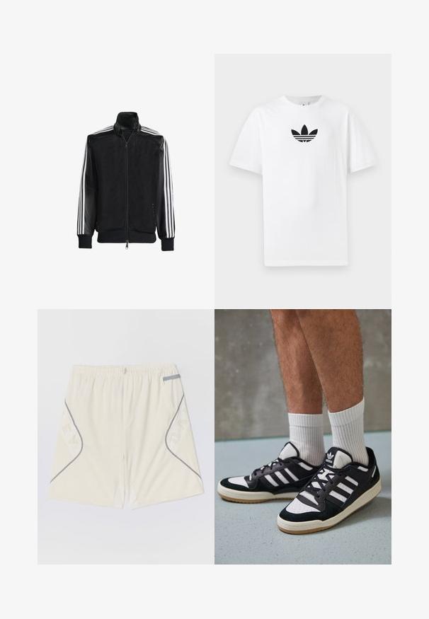 Fekete hálós dzseki, elöl cipzárral, amelynek egyszínű fekete ujjai és három fehér csíkja van a karokon. Rugalmas mandzsetták és derék.; Fehér pamut póló, középen fekete Adidas logóval. Rövid ujjú és kerek nyakú kialakítással. Sima textúra.; Világos bézs edzőnadrág, rugalmas derékkal, szürke díszítéssel és mintás designnal ellátott oldalzsebekkel. Lélegző anyagból készült.; Fekete-fehér tornacipők velúr és bőr felsőrésszel, három fehér csíkkal, perforált orral és gumi talppal.