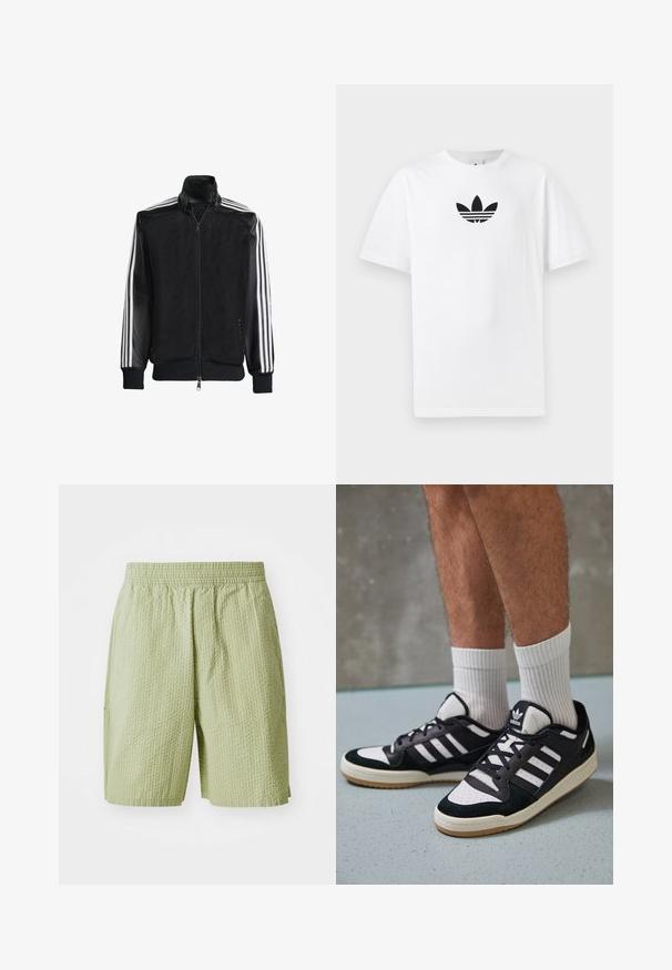 Fekete hálós dzseki, elöl cipzárral, amelynek egyszínű fekete ujjai és három fehér csíkja van a karokon. Rugalmas mandzsetták és derék.; Fehér pamut póló, középen fekete Adidas logóval. Rövid ujjú és kerek nyakú kialakítással. Sima textúra.; Világoszöld, struktúrált anyagból készült rövidnadrág, rugalmas derékkal és oldalsó zsebekkel. A dizájn finom gofrált mintázatot tartalmaz.; Fekete-fehér tornacipők velúr és bőr felsőrésszel, három fehér csíkkal, perforált orral és gumi talppal.