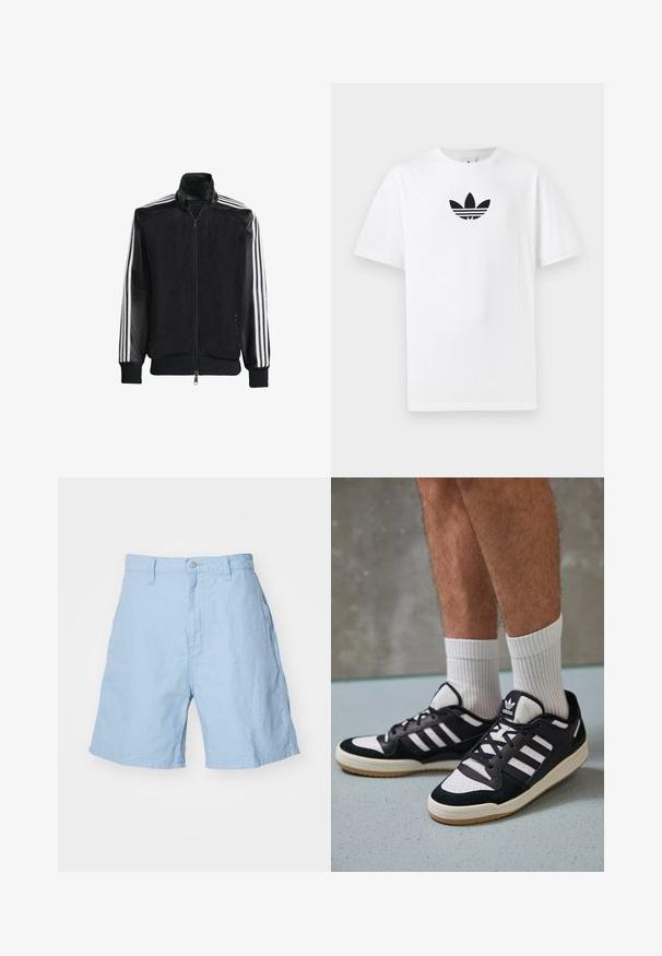 Crna mrežasta jakna s patentnim zatvaračem sprijeda, koja ima čvrste crne rukave i tri bijele pruge duž ruku. Riblje manžetne i rub.; Bijela pamučna majica s crnim Adidas logom u centru. Kratki rukavi i dizajn s okruglim izrezom. Glatka tekstura.; Svijetloplave lanene kratke hlače s kopčanjem na dugme i zatvaračem, s dva bočna džepa i opuštenim krojem. Oštra tekstura, duljina do sredine bedara.; Crne i bijele tenisice s gornjim dijelom od antilopa i kože, s tri bijele pruge, perforiranim prstom i gumiranim potplatom.