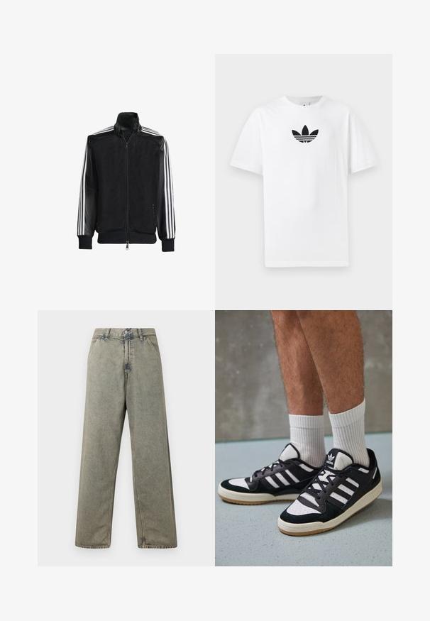 Must mustriga jope, millel on lukuga eesosa, ning mustad varrukad ja kolm valget triipu varrukate ääres. Ribaelastne mansett ja allääre.; Valge puuvillane T-särk, millel on must Adidas logo keskel. Lühikesed varrukad ja ümmargune kaelus. Sile tekstuur.; Laiad denim teksad tuhmrohelises värvitoonis, millel on nööpide sisenemine ja traditsiooniline viie tasku kujundus nähtavate õmblusdetailidega.; Mustvalged ja valged spordijalatsid, mille pealmine osa on valmistatud suede'ist ja nahast. Kingadel on kolm valget riba, auguline varvas ja kummist tald.