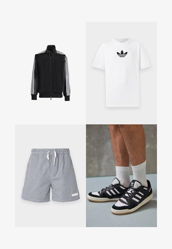 Musta verkkomantteli, jossa on vetoketjulla suljettava etuosa, mustat hihat ja kolme valkoista raitaa käsivarsilla. Ribbaatut hihansuut ja helma.; Valkoinen puuvillapaita, jossa on musta Adidas-logo keskellä. Lyhyet hihat ja pyöreä kaula-aukko. Sileä rakenne.; Raitapaitaiset uima-allas shortsit tummansinisinä ja valkoisina. Valmistettu kevyestä materiaalista, jossa on joustava vyötärö, nauhakiinnitys ja sivutaskut.; Valkoiset ja mustat tennarit, joissa on mokkanahka- ja nahkapäällinen, kolme valkoista raitaa, rei'itetty kärki ja kumipohja.