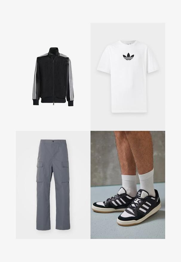 Sort meshjakke med lynlås foran, med ensfarvede sorte ærmer og tre hvide striber langs armene. Ribbet manchetter og kant.; Hvid bomulds T-shirt med et sort Adidas-logo i midten. Korte ærmer og rund halsudskæring. Glat tekstur.; Grå cargo-bukser lavet af holdbart stof. Funktioner inkluderer en elastisk talje, to store sidelommer og en lige benudskæring.; Sorte og hvide sneakers med en overdel i ruskind og læder, der har tre hvide striber, en perforeret tå og en sål i gummigummi.