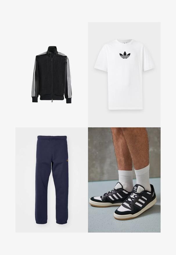 Sort meshjakke med lynlås foran, med ensfarvede sorte ærmer og tre hvide striber langs armene. Ribbet manchetter og kant.; Hvid bomulds T-shirt med et sort Adidas-logo i midten. Korte ærmer og rund halsudskæring. Glat tekstur.; Mørkeblå sweatpants med elastisk talje, ribbede manchetter og en lille logo detalje på venstre side. Fremstillet af blødt, strækbart stof.; Sorte og hvide sneakers med en overdel i ruskind og læder, der har tre hvide striber, en perforeret tå og en sål i gummigummi.