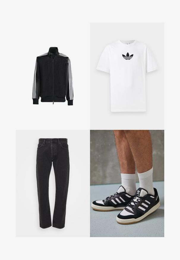 Μαύρο τζάκετ από δίχτυ με φερμουάρ μπροστά, με συμπαγή μαύρα μανίκια και τρεις λευκές ρίγες κατά μήκος των χεριών. Ριμπέ μανσέτες και στρίφωμα.; Λευκή βαμβακερή μπλούζα T-shirt με μαύρο λογότυπο Adidas στο κέντρο. Βραχίονας κοντός και σχέδιο με στρογγυλή λαιμόκοψη. Μαλακή υφή.; Ανδρικά μαύρα τζιν παντελόνια κατευθείαν γραμμής με κουμπί μπροστά και φερμουάρ, πέντε τσέπες και θηλιές ζώνης σε λευκό φόντο.; Μαύρα και λευκά αθλητικά παπούτσια με άνω μέρος από σουέτ και δέρμα, featuring τρεις λευκές ρίγες, περατά δάχτυλα και σόλα από καουτσούκ τύπου γκαστ.