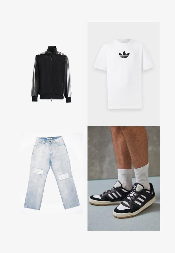 Črna mrežasta jakna z zadrgo spredaj, s trdnimi črnimi rokavi in tremi belimi črtami vzdolž rokavov. Rebrasti robovi in spodnji del.; Bela bombažna majica s črnim logojem Adidas na sredini. Kratki rokavi in oblikovanje z okrog lim. Gladka tekstura.; Svetlo modri denim jeans z ohlapnim krojem, ki imajo na sprednji strani dve raztrgani točki, z gumbom za zapiranje in zasnovo s petimi žepi.; Črno-bele superge z zgornjim delom iz usnja in nubuka, ki imajo tri bele črte, perforiran vrh prstov in podplat iz gume.