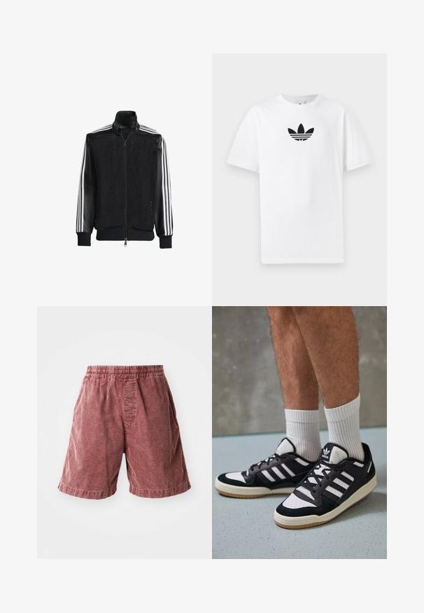 Svart mesh-jakke med glidelås foran, med solide svarte ermer og tre hvite striper langs armene. Ribbestrikkede mansjetter og nederkant.; Hvit bomulls T-skjorte med en svart Adidas-logo i midten. Korte ermer og design med rund hals. Glatt tekstur.; Rustfargede bomullsshorts med elastisk midje, med en teksturert overflate og sidesømmer, som slutter rett over knærne.; Sorte og hvite sneakers med overdel i semsket skinn og lær, med tre hvite striper, perforert tå og en såle av gummi.