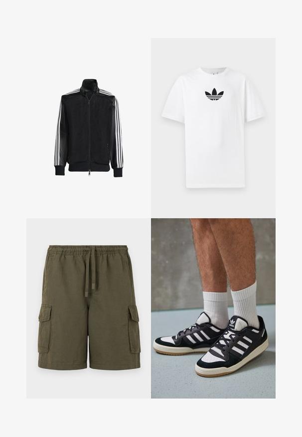 Melna režģa jakas ar rāvējslēdzēja priekšpusi, kam ir viendabīgas melnas piedurknes un trīs baltas svītras gar rokām. Ribota aproce un apakša.; Balta kokvilnas T-kreklu ar melnu Adidas logo centrā. Īsas piedurknes un apaļas kakla izgriezums. Gluda tekstūra.; Khaki krājuma šorti ar elastīgu jostu, auklu un divām sānu kabatām. Audums ir viegls ar nedaudz teksturētu apdari.; Melnas un baltas kedas ar zamša un ādas augšdaļu, kas aprīkotas ar trim baltām svītrām, perforētu purngali un gumijas zolēm.