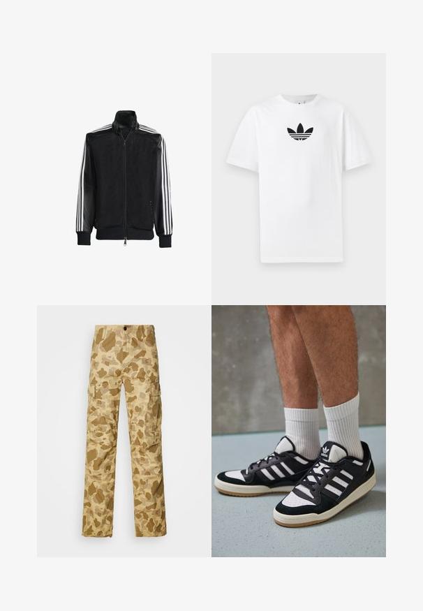 Svart mesh-jakke med glidelås foran, med solide svarte ermer og tre hvite striper langs armene. Ribbestrikkede mansjetter og nederkant.; Hvit bomulls T-skjorte med en svart Adidas-logo i midten. Korte ermer og design med rund hals. Glatt tekstur.; Beige cargo bukser med et lysebrunt camouflage mønster, som har to sidelommer og en lige ben-design. Tekstureret stof med subtile striber.; Sorte og hvite sneakers med overdel i semsket skinn og lær, med tre hvite striper, perforert tå og en såle av gummi.