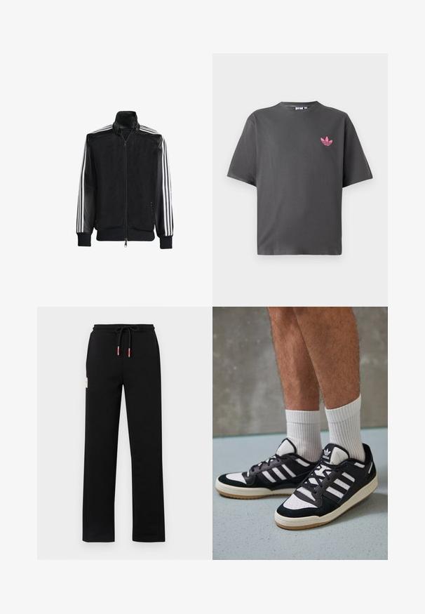 Czarna siateczkowa kurtka z zamkiem z przodu, z jednolitymi czarnymi rękawami i trzema białymi paskami wzdłuż ramion. Prążkowane mankiety i dół.; Ciemnoszara koszulka z krótkim rękawem z małym różowym logo trefoil Adidas na lewej piersi, zaprezentowana na białym tle.; Czarne spodnie dresowe z elastycznym pasem i troczkami, z czerwonymi i białymi akcentami, kieszeniami bocznymi oraz małą metką z przodu. Gładka faktura.; Czarno-białe sneakersy z zamszową i skórzaną cholewką, z trzema białymi paskami, perforowanym czubkiem i gumową podeszwą w kolorze gumy.