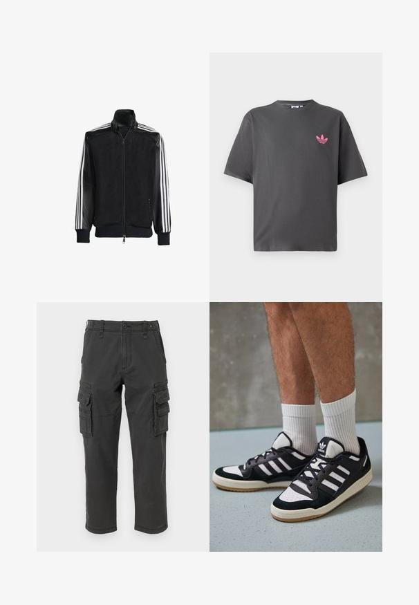Fekete hálós dzseki, elöl cipzárral, amelynek egyszínű fekete ujjai és három fehér csíkja van a karokon. Rugalmas mandzsetták és derék.; Sötét szürke, rövid ujjú T-shirt, bal mellen egy kicsi rózsaszín Adidas trefoil logóval, fehér háttér előtt.; Sötétszürke pamut anyagú cargo nadrág, több oldalsó zsebbel, cipzáras zsebbel és egyenes lábbal, varrott varrásokkal.; Fekete-fehér tornacipők velúr és bőr felsőrésszel, három fehér csíkkal, perforált orral és gumi talppal.