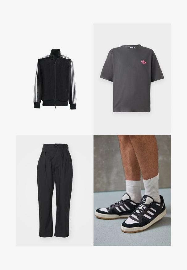 Black mesh jacket with a zip front, featuring solid black sleeves and three white stripes along the arms. Ribbed cuffs and hem.; Dark gray short-sleeve T-shirt with a small pink Adidas trefoil logo on the left chest, displayed against a white background.; Black trousers with a high waist, pleated front, and a single button closure. Made from smooth fabric, features straight legs and side pockets.; Black and white sneakers with a suede and leather upper, featuring three white stripes, a perforated toe, and a gum rubber sole.