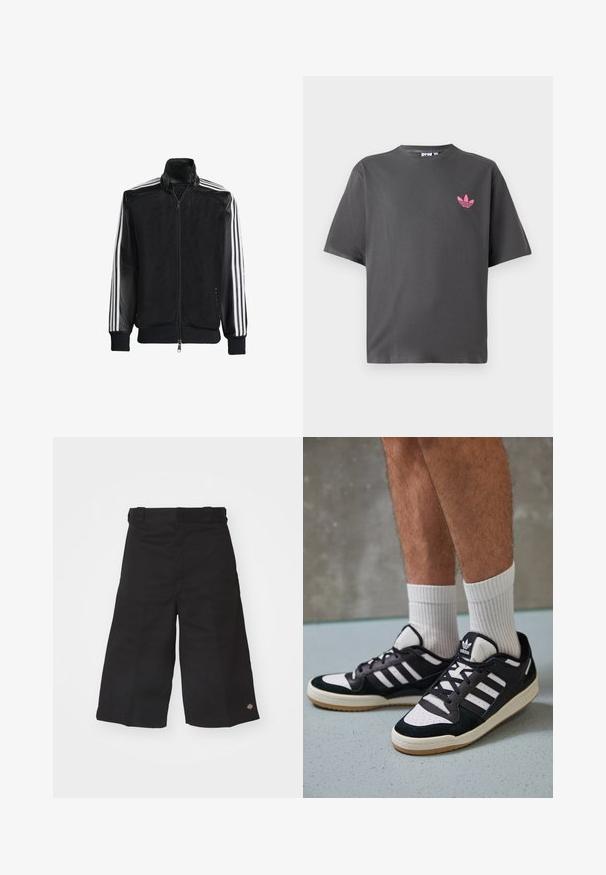 Fekete hálós dzseki, elöl cipzárral, amelynek egyszínű fekete ujjai és három fehér csíkja van a karokon. Rugalmas mandzsetták és derék.; Sötét szürke, rövid ujjú T-shirt, bal mellen egy kicsi rózsaszín Adidas trefoil logóval, fehér háttér előtt.; Fekete, széles lábmuszlin rövidnadrág, tartós anyagból készült. Simább textúrája van, és egy kis logó található az alján. Négy övhurkot tartalmaz a derékrészen.; Fekete-fehér tornacipők velúr és bőr felsőrésszel, három fehér csíkkal, perforált orral és gumi talppal.