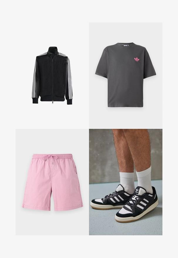 Jaqueta de malha preta com fecho zip, apresentando mangas pretas sólidas e três riscas brancas ao longo dos braços. Punhos e bainha canelados.; T-shirt cinza escuro de manga curta com um pequeno logotipo trefoil rosa da Adidas no lado esquerdo do peito, exibido contra um fundo branco.; Calções de banho de cor rosa claro com cintura elástica e cordão, apresentando bolsos laterais e um corte relaxado. Material de algodão suave.; Ténis em preto e branco com upper em camurça e couro, apresentando três riscas brancas, um toe perfurado e uma sola em borracha de goma.
