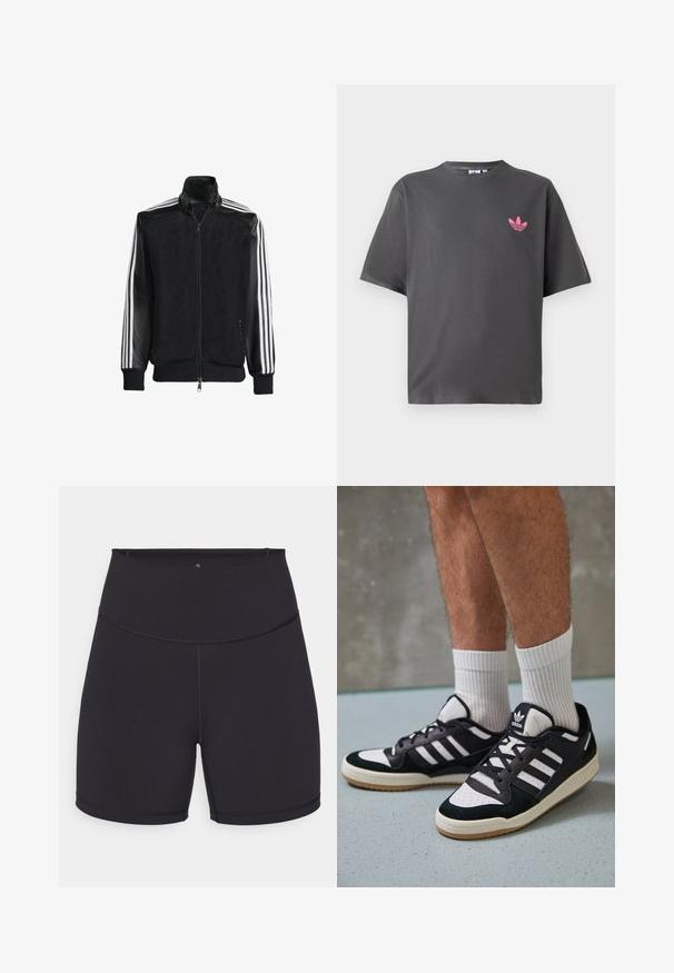 Svart mesh-jakke med glidelås foran, med solide svarte ermer og tre hvite striper langs armene. Ribbestrikkede mansjetter og nederkant.; Mørkegrå t-skjorte med korte ermer og en liten rosa Adidas trefoil-logo på venstre bryst, vist mot en hvit bakgrunn.; Svarte treningsshorts laget av elastisk stoff. Har høy midje og glatte sømmer. Passer for aktiv bruk og trening.; Sorte og hvite sneakers med overdel i semsket skinn og lær, med tre hvite striper, perforert tå og en såle av gummi.