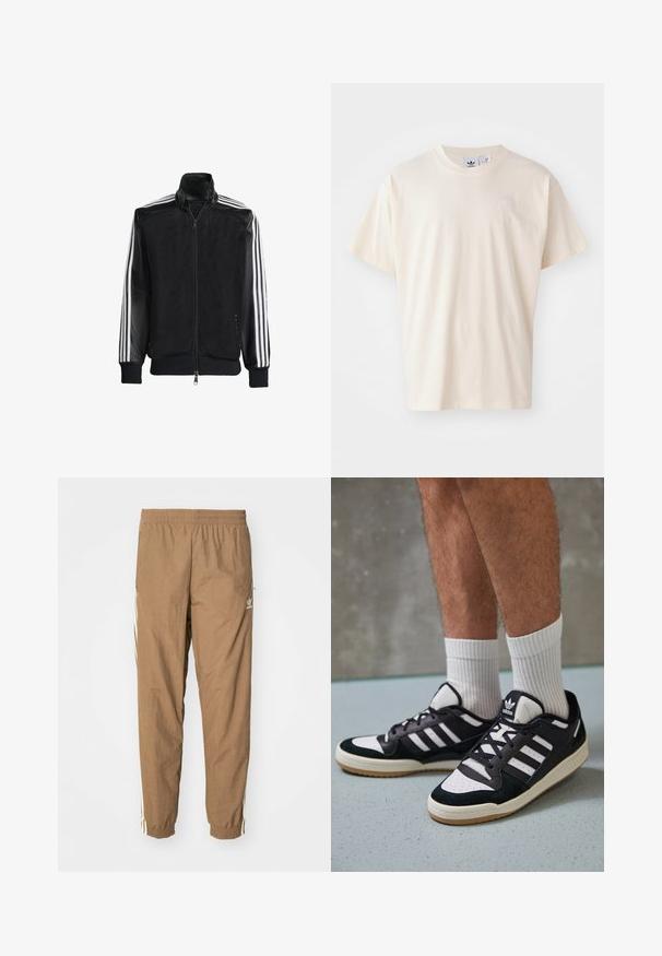 Melna režģa jakas ar rāvējslēdzēja priekšpusi, kam ir viendabīgas melnas piedurknes un trīs baltas svītras gar rokām. Ribota aproce un apakša.; Krēma krāsas kokvilnas T-krekls ar apaļu kakla izgriezumu un īsām piedurknēm; tam ir neliels, gaišas krāsas logo uz krūtīm.; Brūni sporta bikses, kas izgatavotas no viegla auduma, ar elastīgu jostu, sašaurinātām kājām un baltām sānu svītrām. Redzami nav kabatu.; Melnas un baltas kedas ar zamša un ādas augšdaļu, kas aprīkotas ar trim baltām svītrām, perforētu purngali un gumijas zolēm.