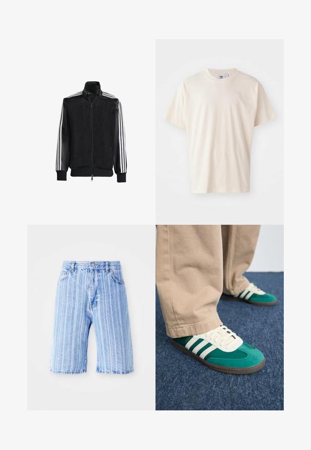 Veste en maille noire avec fermeture éclair à l'avant, présentant des manches noires unies et trois rayures blanches le long des bras. Poignets et ourlet côtelés.; T-shirt en coton crème avec un col rond et des manches courtes ; présente un petit logo de couleur claire sur la poitrine.; Shorts en denim bleu clair avec des rayures blanches verticales, dotés d'un design classique à cinq poches et d'une fermeture à bouton à la taille.; Baskets en daim vert avec des rayures blanches, des lacets texturés et une semelle en caoutchouc marron. Associées à un pantalon beige, sur fond de tapis bleu.