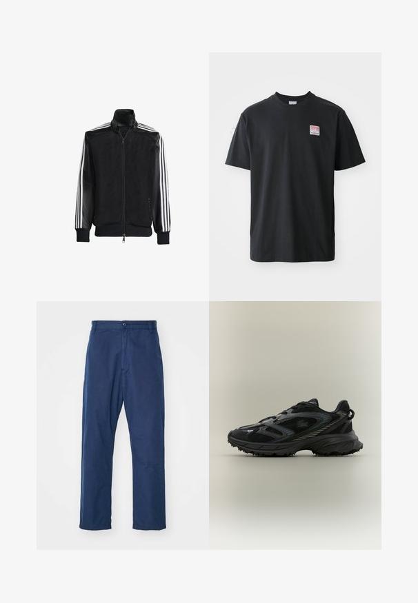 Black mesh jacket with a zip front, featuring solid black sleeves and three white stripes along the arms. Ribbed cuffs and hem.; Black cotton t-shirt with a crew neck, short sleeves, and a small colored label on the left chest featuring the word "SUPERIOR."; Navy blue, straight-leg trousers made of cotton. Features a front button closure and subtle texture, with side pockets and belt loops.; Black athletic shoe featuring mesh panels, a textured sole, laces, and a curved silhouette with silver accents on the sides.