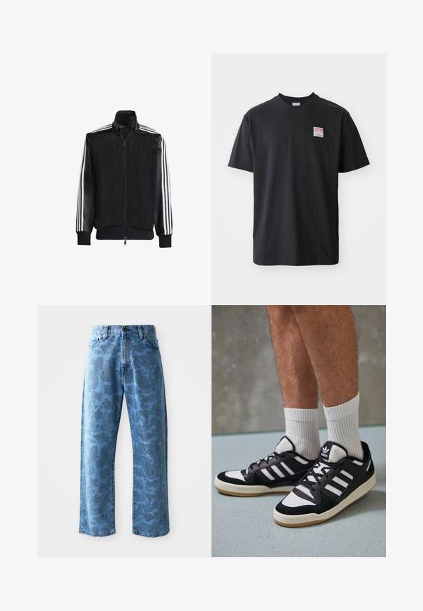 Črna mrežasta jakna z zadrgo spredaj, s trdnimi črnimi rokavi in tremi belimi črtami vzdolž rokavov. Rebrasti robovi in spodnji del.; Črna bombažna majica s kratkimi rokavi in okroglim ovratnikom ter majhno obarvano nalepko na levem prsnem delu, na kateri je napisano "SUPERIOR".; Svijetloplave traperice s suptilnim tonskim cvjetnim uzorkom, širokog kroja, pet džepova i zatvaranjem na dugme u struku.; Črno-bele superge z zgornjim delom iz usnja in nubuka, ki imajo tri bele črte, perforiran vrh prstov in podplat iz gume.