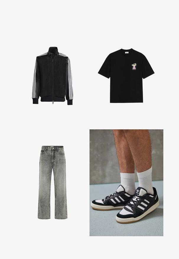 Must mustriga jope, millel on lukuga eesosa, ning mustad varrukad ja kolm valget triipu varrukate ääres. Ribaelastne mansett ja allääre.; Must t-särk mustast puuvillast, millel on värviline graafika vasakul rinnal, kujutades karu ja stiliseeritud teksti, lühikeste varrukatega ja ümmarguse kaelusega.; Hallid hallid laiad püksid, mis on valmistatud pleekinud viimistlusega denimist. Omab esipukke, vöölooppe ja lukuga eest särgi kinnihoidmismehhanismi.; Mustvalged ja valged spordijalatsid, mille pealmine osa on valmistatud suede'ist ja nahast. Kingadel on kolm valget riba, auguline varvas ja kummist tald.