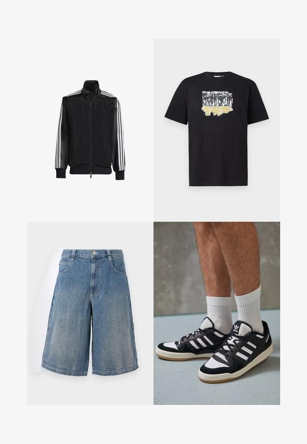 Melna režģa jakas ar rāvējslēdzēja priekšpusi, kam ir viendabīgas melnas piedurknes un trīs baltas svītras gar rokām. Ribota aproce un apakša.; Melns kokvilnas T-krekls ar grafisku apdruku baltā un dzeltenā krāsā, kurā ir teksts "IRON LIKE HELL" un siluetu dizains.; BDG Urban Outfitters SKATE - Džinsa auduma šorti - blue; Melnas un baltas kedas ar zamša un ādas augšdaļu, kas aprīkotas ar trim baltām svītrām, perforētu purngali un gumijas zolēm.