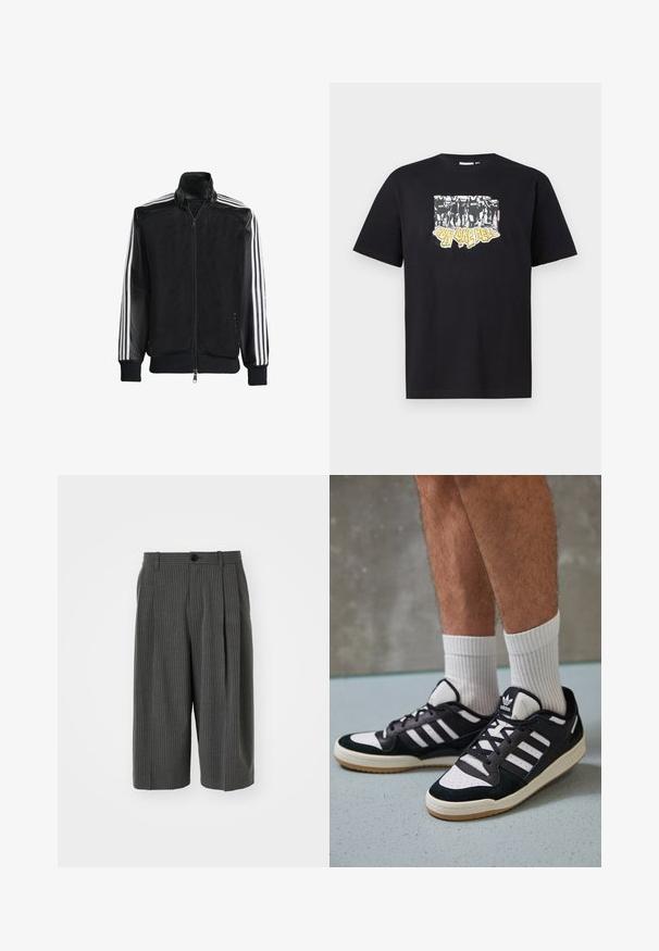 Černá síťovaná bunda na zip, s celými černými rukávy a třemi bílými pruhy podél rukávů. Hladké manžety a lem.; Černé bavlněné tričko s grafickým potiskem v bílé a žluté barvě, s textem "IRON LIKE HELL" a designem siluet.; Šedé pruhované široké kraťasy s knoflíkovým zapínáním a skladaným předním dílem. Vyrobené z texturované tkaniny, s přizpůsobeným střihem.; Černobílé tenisky s vrchní částí z semišové a kožené kůže, včetně tří bílých pruhů, perforovaného špičky a podrážky z gumy.