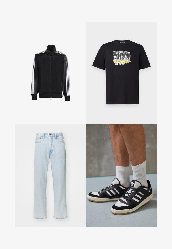 Svart mesh-jakke med glidelås foran, med solide svarte ermer og tre hvite striper langs armene. Ribbestrikkede mansjetter og nederkant.; Svart bomulls t-skjorte med grafisk trykk i hvitt og gult med teksten "IRON LIKE HELL" og design av silhuetter.; Lys blå rett-sittende jeans laget av denim, med fem lommer, glidelås med knappelukking, og subtil falming på stoffet.; Sorte og hvite sneakers med overdel i semsket skinn og lær, med tre hvite striper, perforert tå og en såle av gummi.