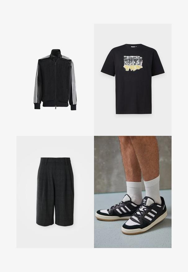 Črna mrežasta jakna z zadrgo spredaj, s trdnimi črnimi rokavi in tremi belimi črtami vzdolž rokavov. Rebrasti robovi in spodnji del.; Črna bombažna majica s thatsko grafiko v beli in rumeni barvi, ki vsebuje besedilo "IRON LIKE HELL" in obliko silhuet.; Temno sivi kratki hlače do kolen, skrojene s subtilnim karirastim vzorcem in z obroči za pas na enobarvni beli podlagi.; Črno-bele superge z zgornjim delom iz usnja in nubuka, ki imajo tri bele črte, perforiran vrh prstov in podplat iz gume.