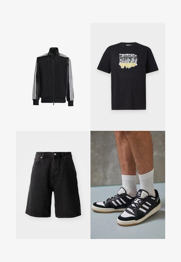 Fekete hálós dzseki, elöl cipzárral, amelynek egyszínű fekete ujjai és három fehér csíkja van a karokon. Rugalmas mandzsetták és derék.; Fekete pamut póló, fehér és sárga grafikai nyomattal, mellyel az "IRON LIKE HELL" felirat és sziluettek terve látható.; Fekete denim rövidnadrág laza szabással, réz díszítéssel, öt zsebbel és egyenes szegéllyel. Az anyag puha, textúrált felületű.; Fekete-fehér tornacipők velúr és bőr felsőrésszel, három fehér csíkkal, perforált orral és gumi talppal.