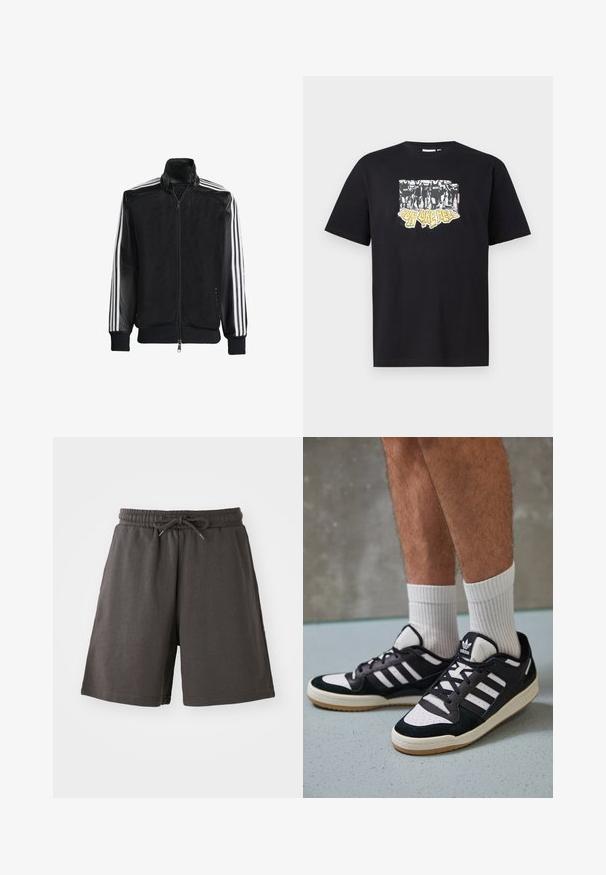 Čierna sieťovaná bunda so zipsom vpredu, s pevnými čiernymi rukávmi a tromi bielymi pruhmi po stranách rukávov. Žebrované manžety a spodný lem.; Čierne bavlnené tričko s grafickou potlačou v bielej a žltej farbe s textom "IRON LIKE HELL" a dizajnom siluet.; Tmavé šedé kraťasy vyrobené z mäkkej látky, s elastickým pásom, nastaviteľnou šnúrkou a dĺžkou po kolená. Hladký povrch, žiadne vzory.; Čierno-biele tenisky s vrchom z semišu a kože, s troma bielymi pruhmi, perforovanou špičkou a gumovou podrážkou.