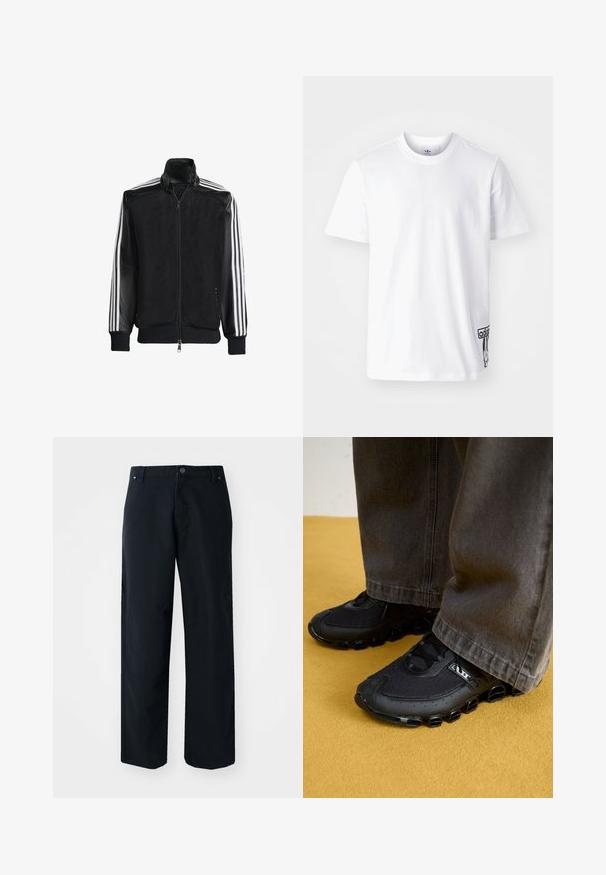 Jaqueta de malha preta com fecho zip, apresentando mangas pretas sólidas e três riscas brancas ao longo dos braços. Punhos e bainha canelados.; Camiseta de algodão branca com mangas curtas, decote redondo e um patch do logo preto da Adidas no lado inferior esquerdo. Textura suave.; Calças largas pretas, feitas de um tecido misto de algodão. Apresentam um fecho de botão, bolsos frontais e detalhes de costura discretos.; Ténis de corrida pretos com uma parte superior em malha, sola curva e acentos arredondados distintos. Combinados com calças escuras e largas.