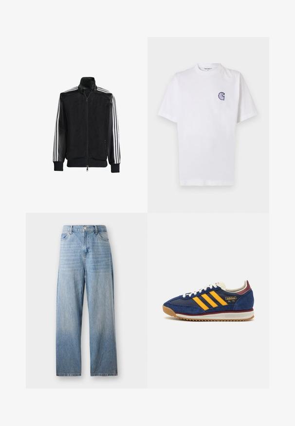 Jaqueta de malha preta com fecho zip, apresentando mangas pretas sólidas e três riscas brancas ao longo dos braços. Punhos e bainha canelados.; T-shirt branca de algodão com mangas curtas, decote redondo e um pequeno logotipo azul "C" bordado no lado esquerdo do peito.; Jeans em denim azul claro com corte reto, cintura alta e acabamento desbotado. Apresenta bolsos frontais e fecho de botão.; Sneaker de camurça azul-marinho com riscas amarelas, atacadores brancos e realces em bordeaux. Sola texturizada com relevos para aderência. Logótipo da marca de lado.