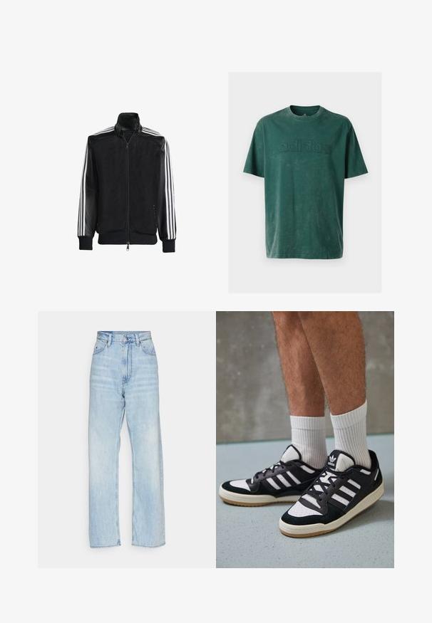 Črna mrežasta jakna z zadrgo spredaj, s trdnimi črnimi rokavi in tremi belimi črtami vzdolž rokavov. Rebrasti robovi in spodnji del.; Temnozeleni bombažni majica s kratkimi rokavi, krožnim izrezom in vtisnjenim logotipom "adidas" čez prsni del v usklajeni teksturi.; Svetlo modre hlače z visokim pasom in širokimi nogavicami, ki imajo sprednje žepe in gumbasto zapiranje. Mehka tekstura denima z rahlim bledenjem.; Črno-bele superge z zgornjim delom iz usnja in nubuka, ki imajo tri bele črte, perforiran vrh prstov in podplat iz gume.