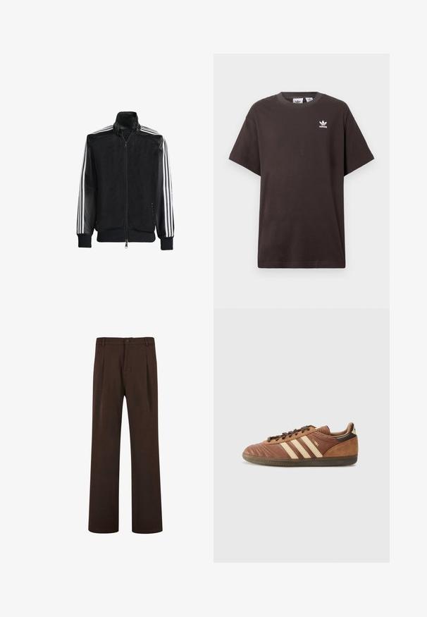 Must mustriga jope, millel on lukuga eesosa, ning mustad varrukad ja kolm valget triipu varrukate ääres. Ribaelastne mansett ja allääre.; Tumepruun puuvillane T-särk lühikeste varrukatega, ümar kaelus ja valge Adidas logo vasakul rinnal. Lihtne, mugav lõikekujundus.; Pruunid püksid otse säärega disainiga, nööbikinnitusega ja volditud, valmistatud siledast kangast. Ei ole nähtavaid taskuid ega mustreid.; adidas Originals SAMBA UNISEX - Tossud - preloved brown/sand strata/dark brown