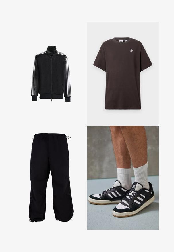 Svart mesh-jakke med glidelås foran, med solide svarte ermer og tre hvite striper langs armene. Ribbestrikkede mansjetter og nederkant.; Mørkebrun bomull t-skjorte med korte ermer, rund hals og hvit Adidas-logo på venstre bryst. Enkel, avslappet passform.; Svart, løstsittende cargo-bukser med elastisk midjebånd og justerbar snøring. Har glidelåslommer og ankelmansjetter.; Sorte og hvite sneakers med overdel i semsket skinn og lær, med tre hvite striper, perforert tå og en såle av gummi.