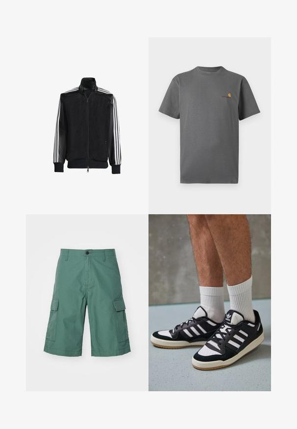 Juodas permatomas džemperis su užtrauktuku priekyje, turintis vientisas juodas rankoves ir tris baltas juostas ant rankų. Raukšlėtos rankogaliai ir apatinė dalis.; Pilkos spalvos trumpomis rankovėmis marškinėliai, pagaminti iš medvilnės; ant krūtinės yra subtilus logotipas oranžinės ir burgundinės spalvų. Pagrindinis apvalaus kaklo dizainas.; Žalios krovinių šortai, pagaminti iš tekstūruotos medžiagos, su dviem šoniniais kišenėmis ir priekyje esančiu mygtuko uždarymu. Pasibaigia virš kelio su siuvinėtu kraštu.; Juodos ir baltos sportinės bateliai su zomšiniu ir odiniu viršumi, su trimis baltomis juostelėmis, perforuota koja ir guminėmis padais.